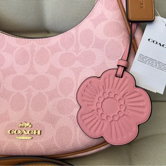 NWT Coach Pink Signature Canvas Hobo Shoulder Bag CDW86 with Flower - Picture 7 of 12